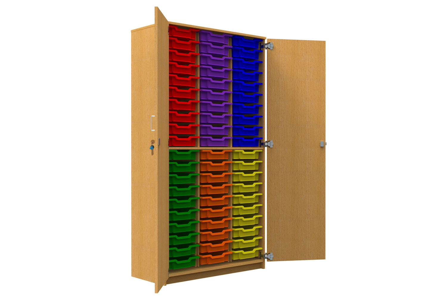 Tall Tray Storage Classroom Cupboard With 60 Shallow Trays, Oak/ Translucent Trays