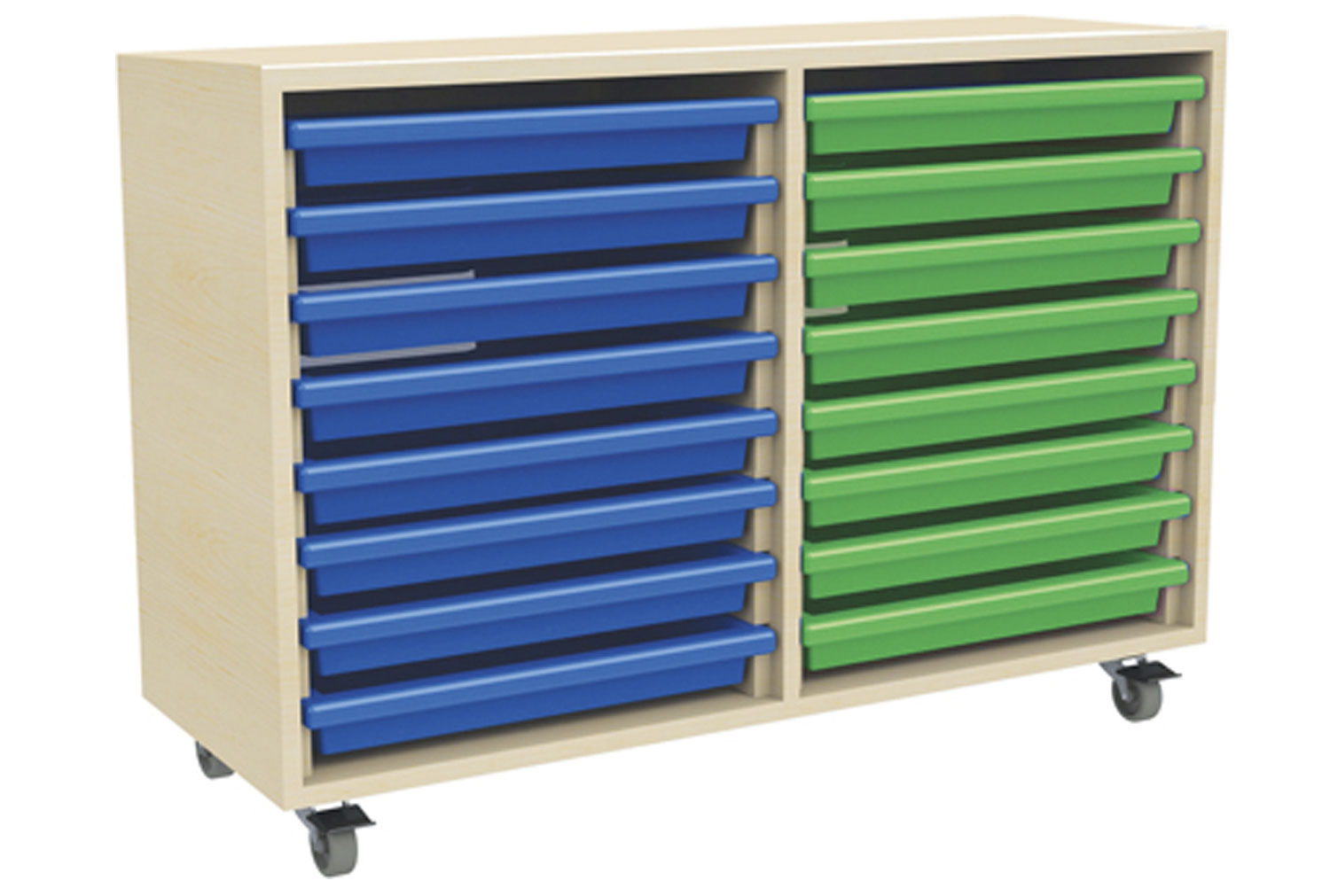 Double Column Art Classroom Tray Storage Unit With 16 Trays, Maple, Green Trays