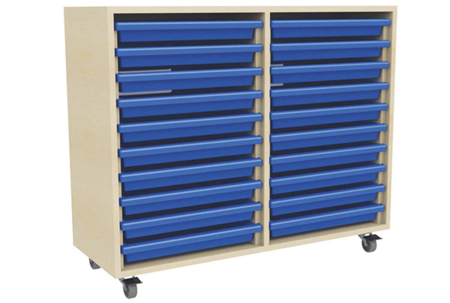 Double Column Art Classroom Tray Storage Unit With 20 Trays, Beech, Blue Trays