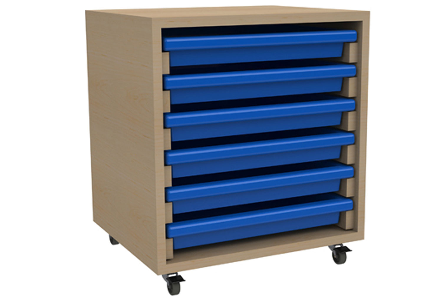 Single Column Art Classroom Tray Storage Unit With 6 Classroom Trays, Oak/ Blue Classroom Trays