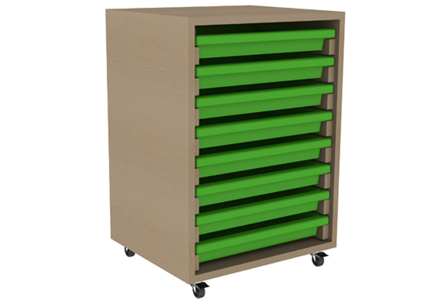 Single Column Art Classroom Tray Storage Unit With 8 Classroom Trays, Oak, Green Classroom Trays