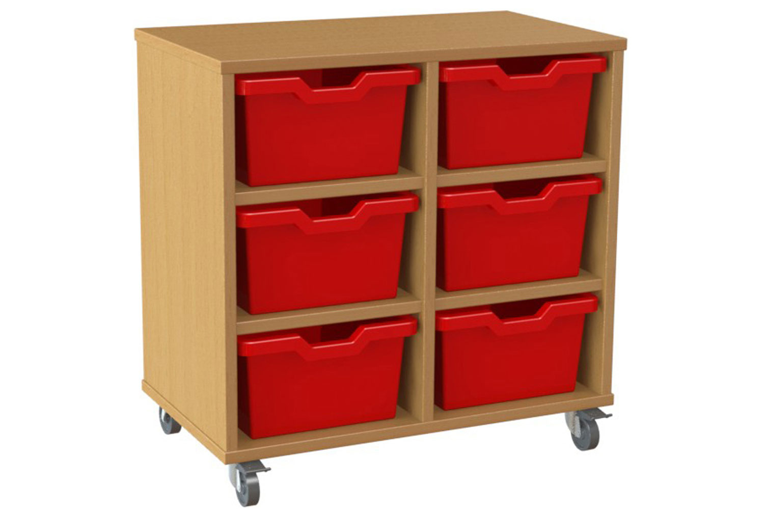 Salas Double Column Storage Unit With 6 Cubby Classroom Trays, Red, Translucent Classroom Trays