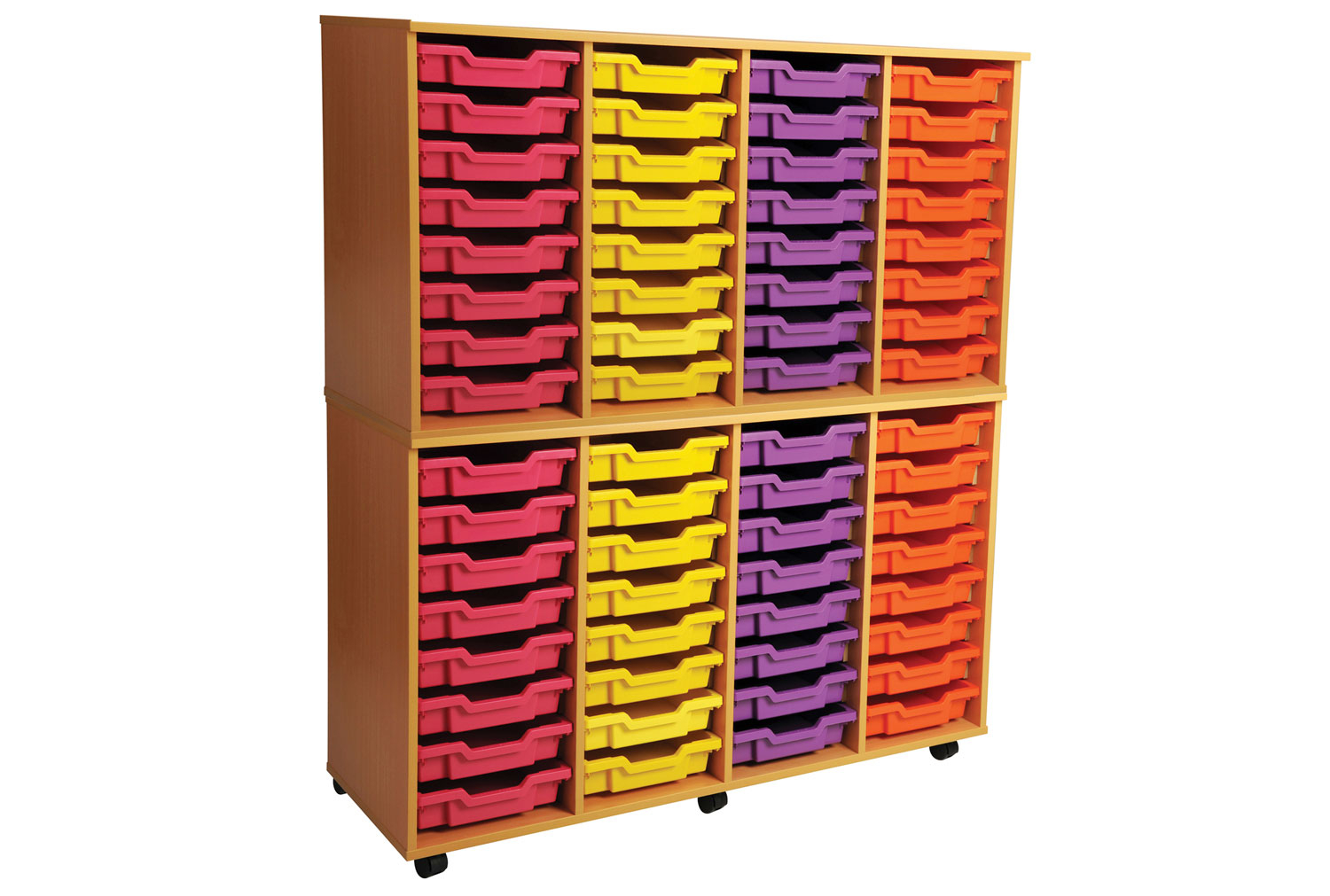 Primary 4 Column Mobile Classroom Tray Storage Unit With 64 Shallow Classroom Trays, Beech/ Blue Classroom Trays