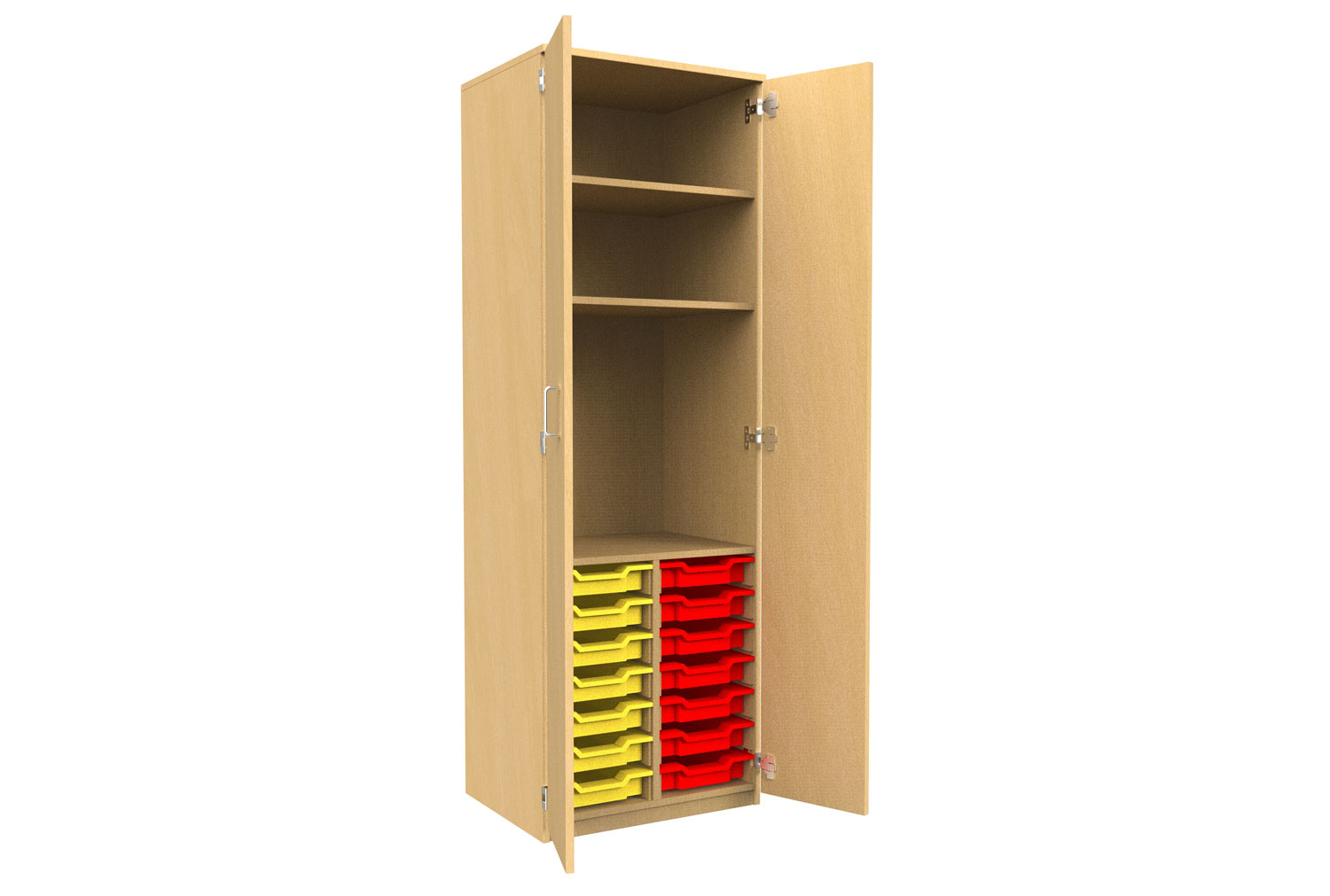 Tall Tray Storage 2 Shelf Classroom Cupboard With Full Doors, 21 Trays - 102wx49dx186h (cm), Beech Body/ Blue Trays