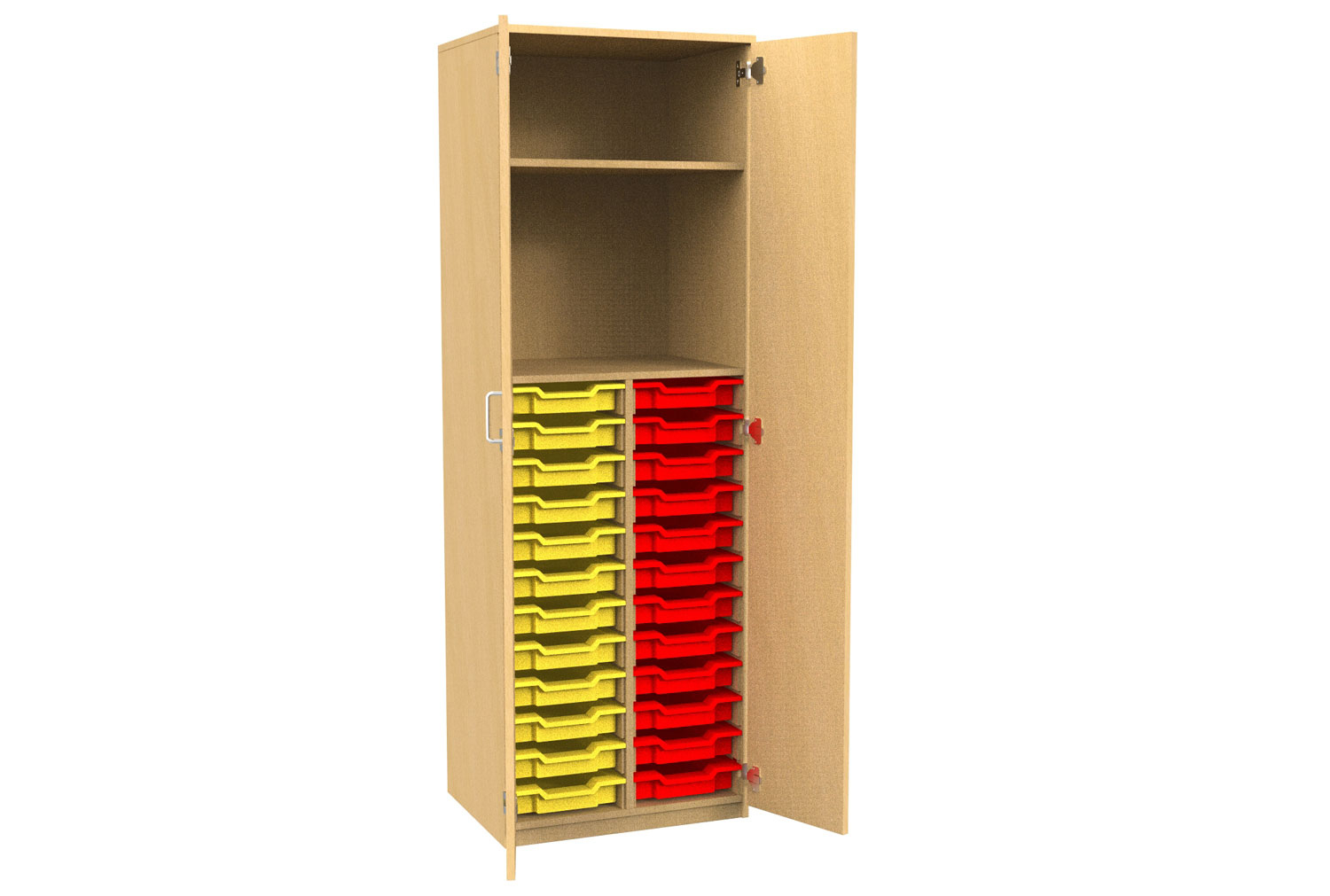Tall Tray Storage 1 Shelf Classroom Cupboard With Full Doors, 24 Trays - 69wx48dx186h (cm), Oak Body/ Cyan Blue Trays