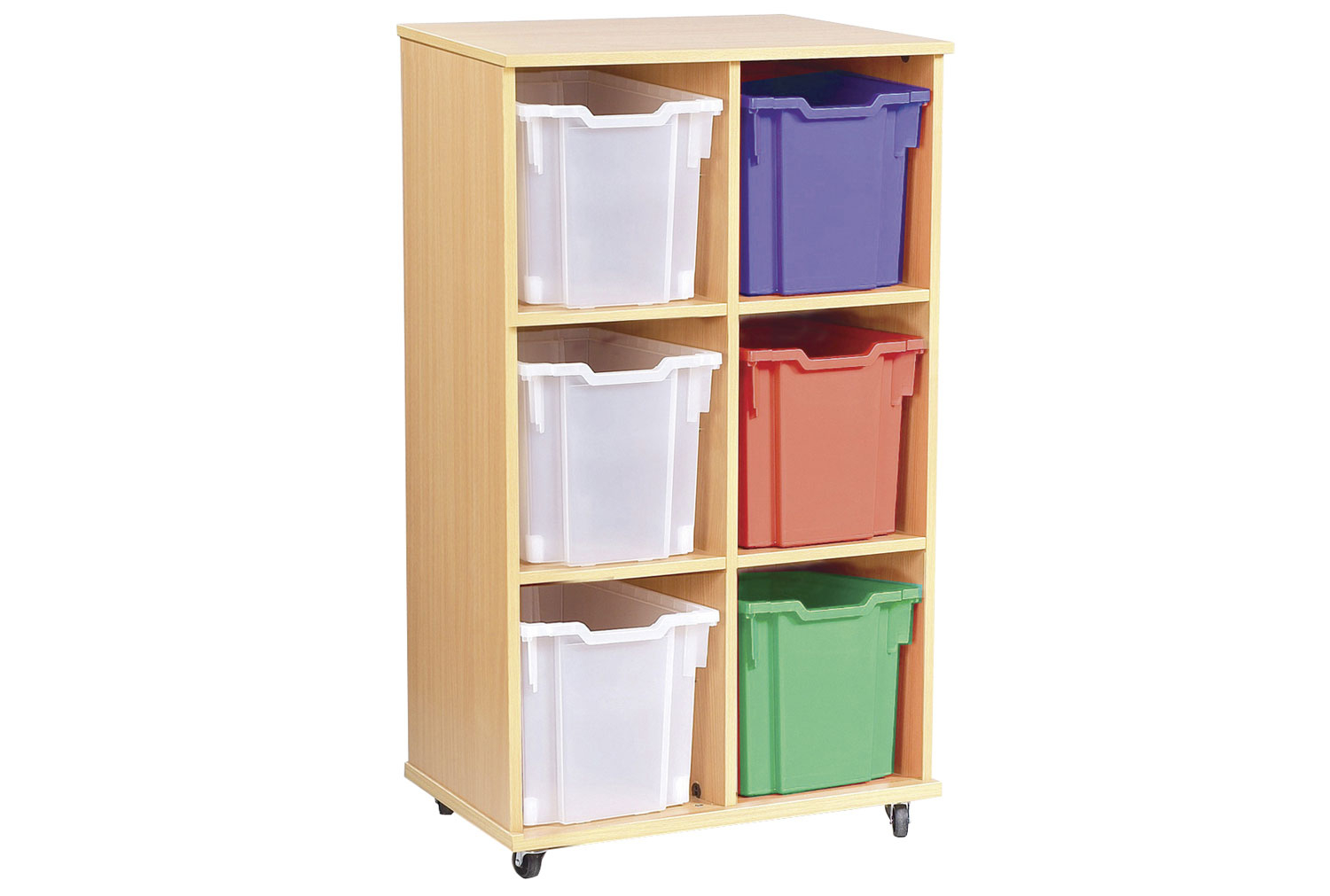 Double Bay Mobile Storage Unit With 6 Jumbo Classroom Trays, Maple/ Flame Red Classroom Trays