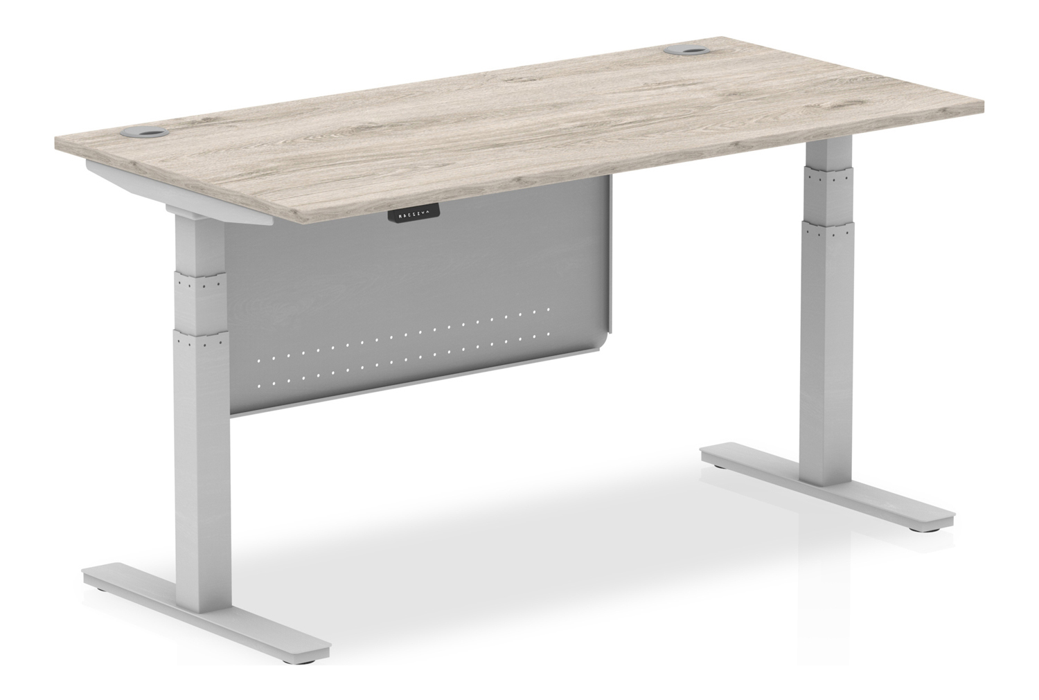Vitali Sit & Stand Rectangular Office Desk With Modesty Panel (Silver Legs), 160wx80dx66/131h (cm), Grey Oak