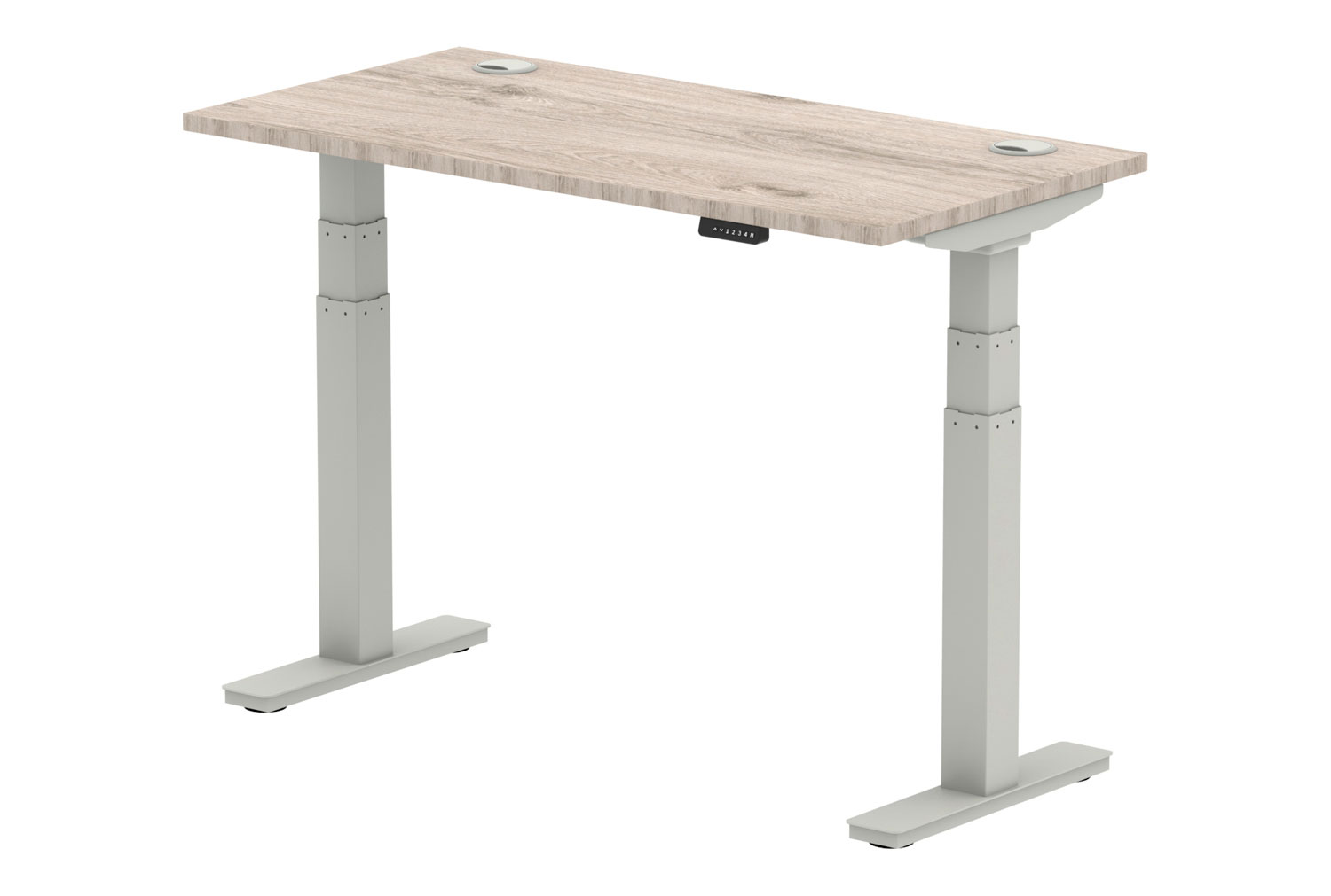 Vitali Sit & Stand Narrow Rectangular Office Desk (Silver Legs), 120wx60dx66/130h (cm), Grey Oak, Fully Installed