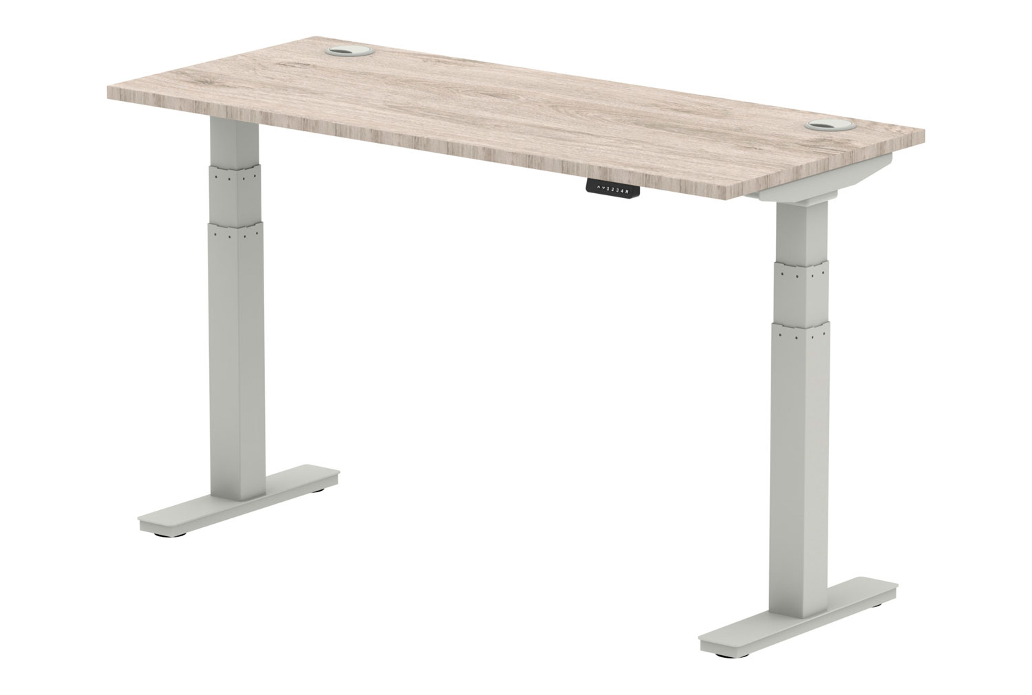 Vitali Sit & Stand Narrow Rectangular Office Desk (Silver Legs), 140wx60dx66/130h (cm), Grey Oak, Fully Installed