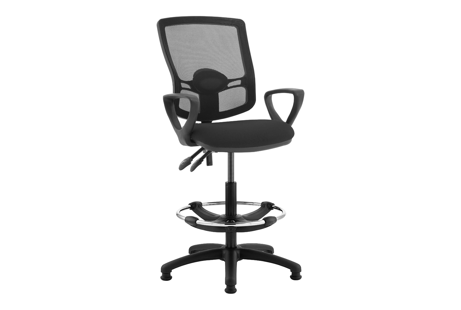 Lunar Plus 2 Lever Deluxe Mesh Back Draughtsman Office Chair With Fixed Arms, Black, Fully Installed