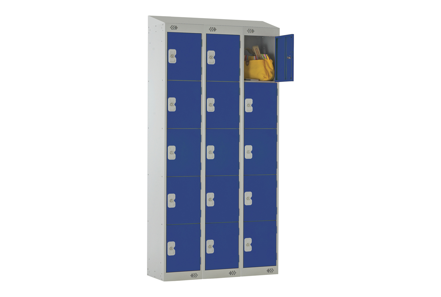 Economy 5 Door Locker Nest Of 3 With Sloping Top, 90wx45dx193/180h (cm), Combination Lock, Blue