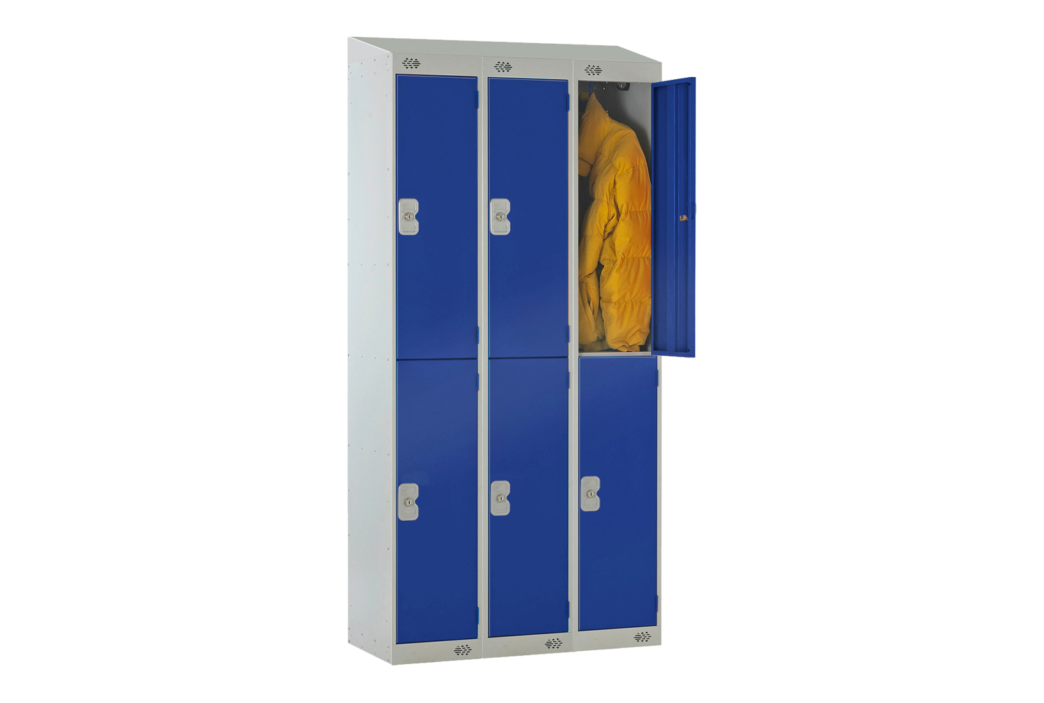 Deluxe 2 Door Locker Nest of 3 With Sloping Top, 90wx30dx193/180h (cm), Hasp Lock, Blue