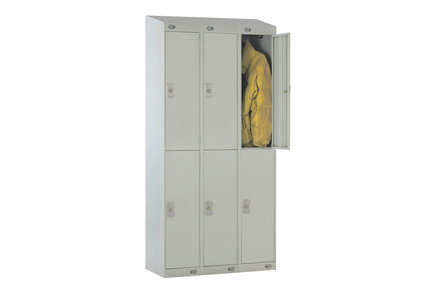 Deluxe 2 Door Locker Nest of 3 With Sloping Top, 90wx45dx193/180h (cm), Cam Lock, Grey