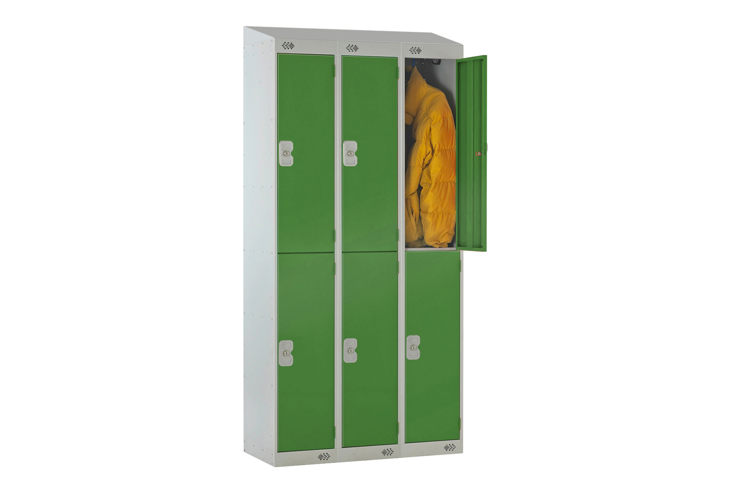 Deluxe 2 Door Locker Nest of 3 With Sloping Top, 90wx30dx193/180h (cm), Cam Lock, Green