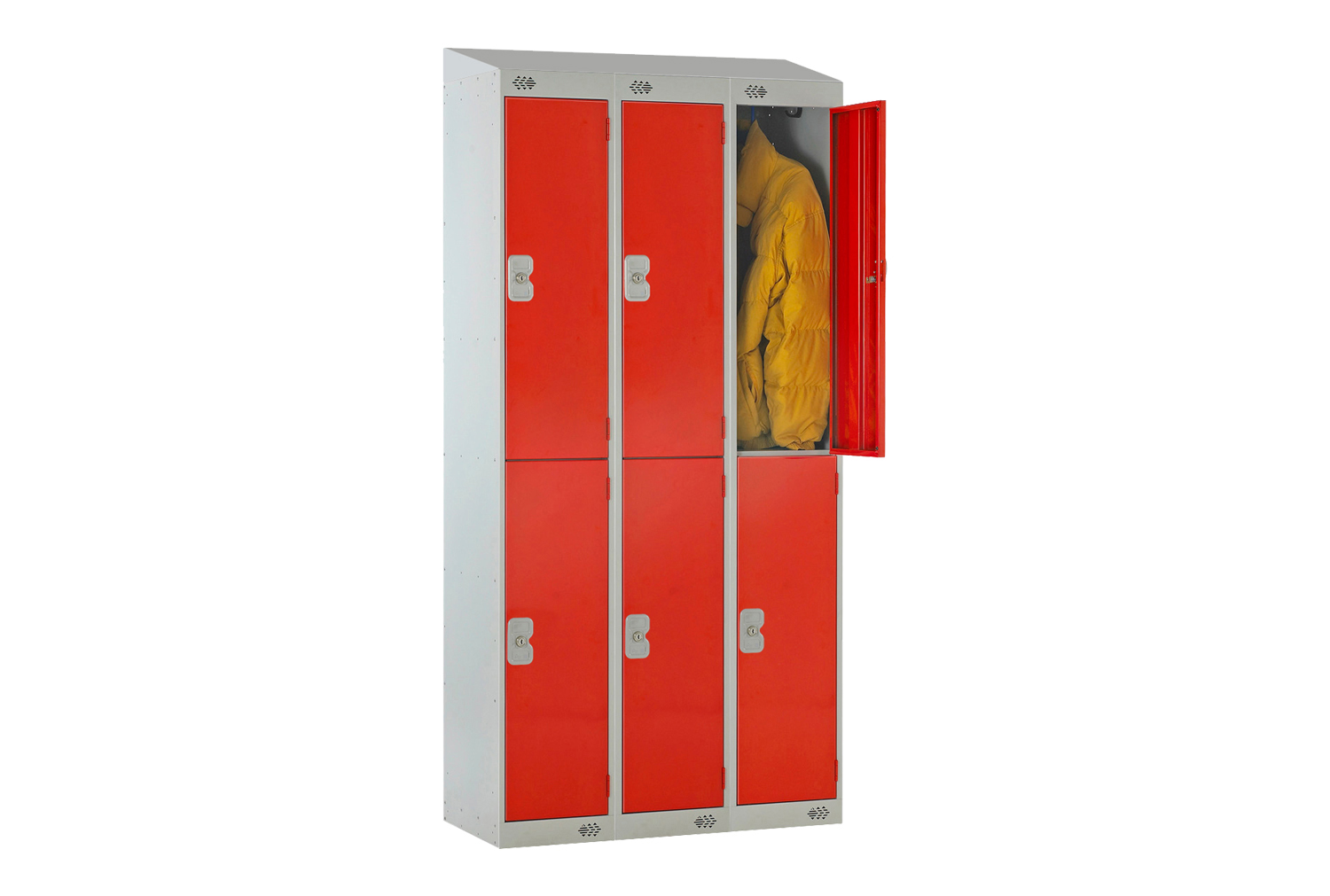 Deluxe 2 Door Locker Nest of 3 With Sloping Top, 90wx45dx193/180h (cm), Cam Lock, Red
