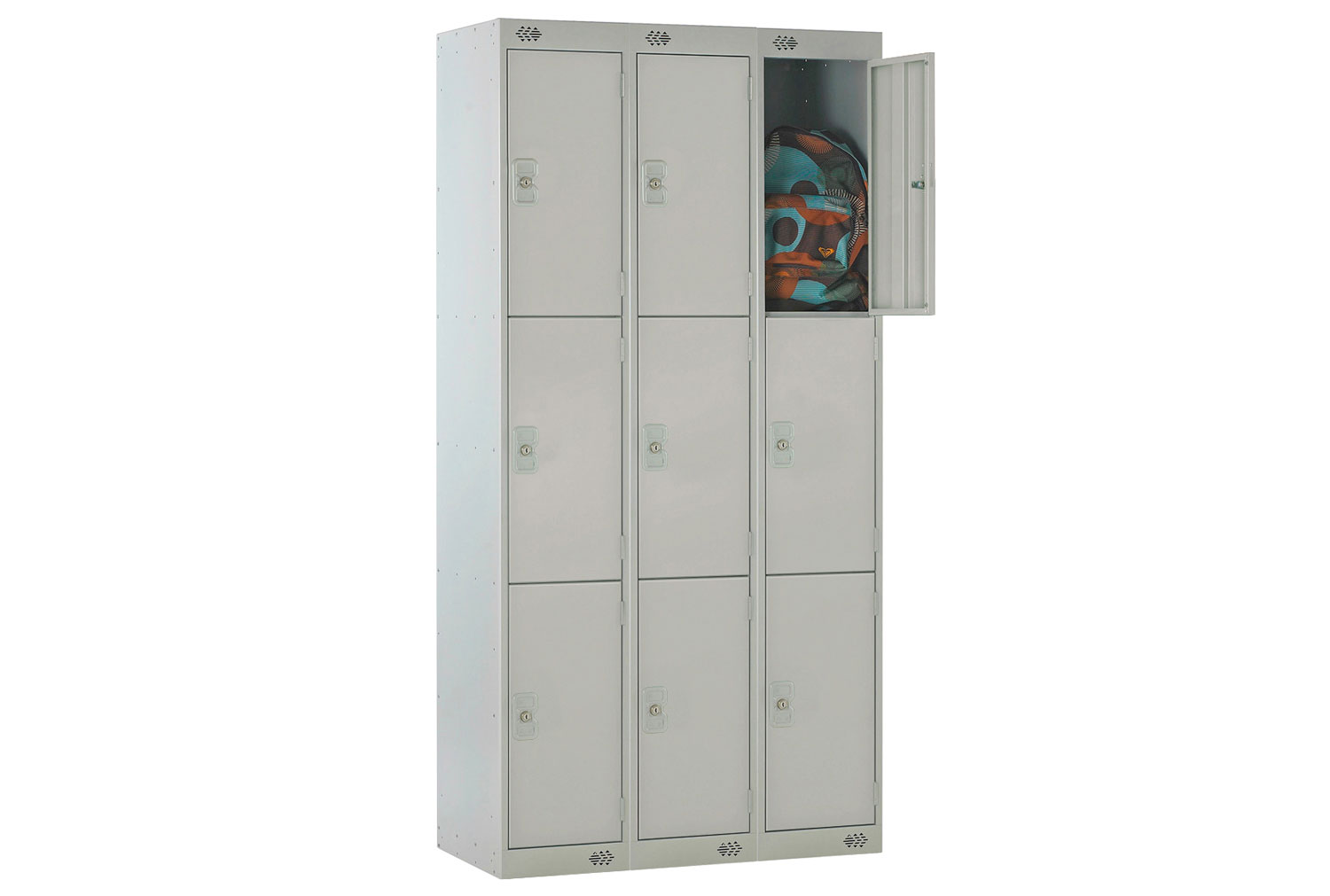Deluxe Lockers Nest Of 3, 3 Door, 90wx30dx180h (cm), Cam Lock (2 Keys), Grey