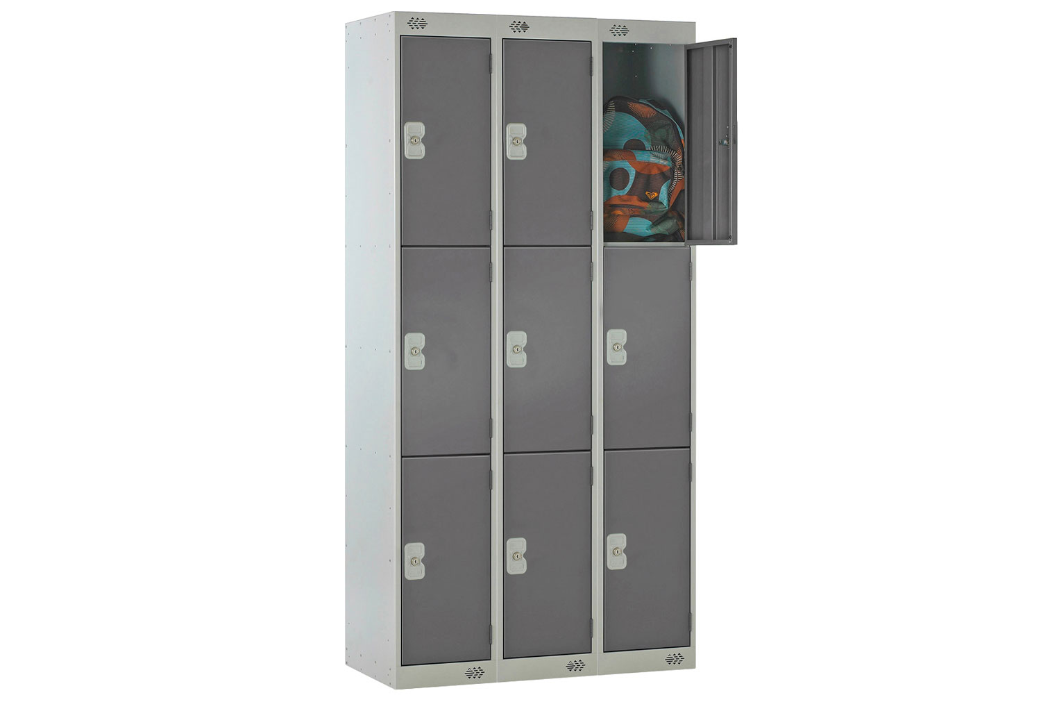 Deluxe Lockers Nest Of 3, 3 Door, 90wx45dx180h (cm), Cam Lock (2 Keys), Dark Grey