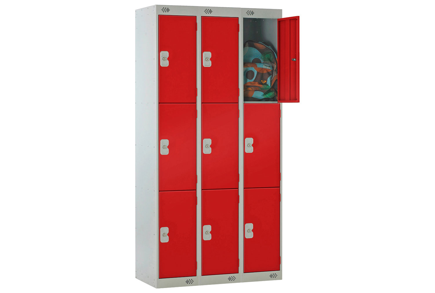 Deluxe Lockers Nest Of 3, 3 Door, 90wx30dx180h (cm), Hasp Lock, Red