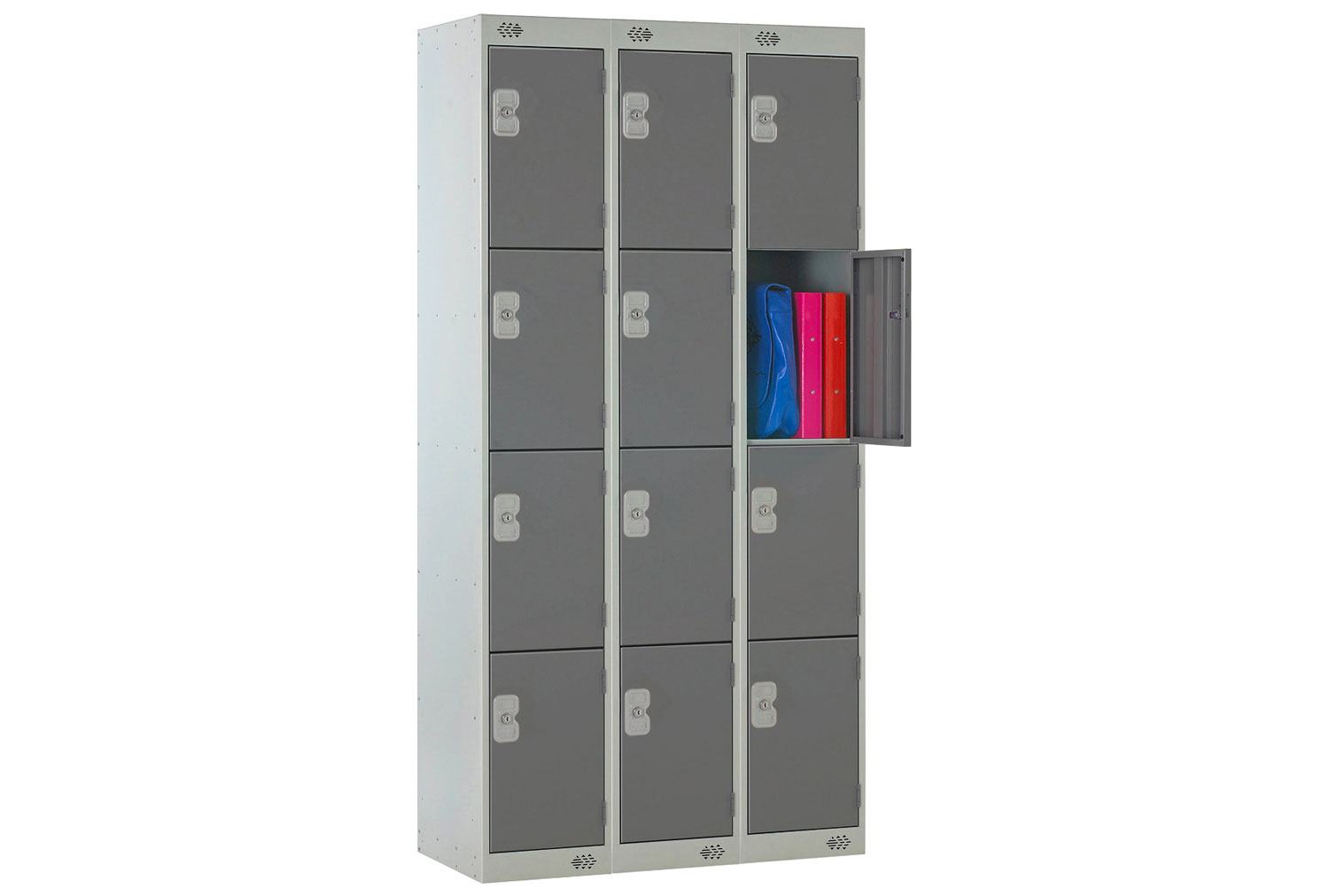 Deluxe Lockers Nest Of 3, 4 Doors, 90wx45dx180h (cm), Combination Lock, Dark Grey Doors