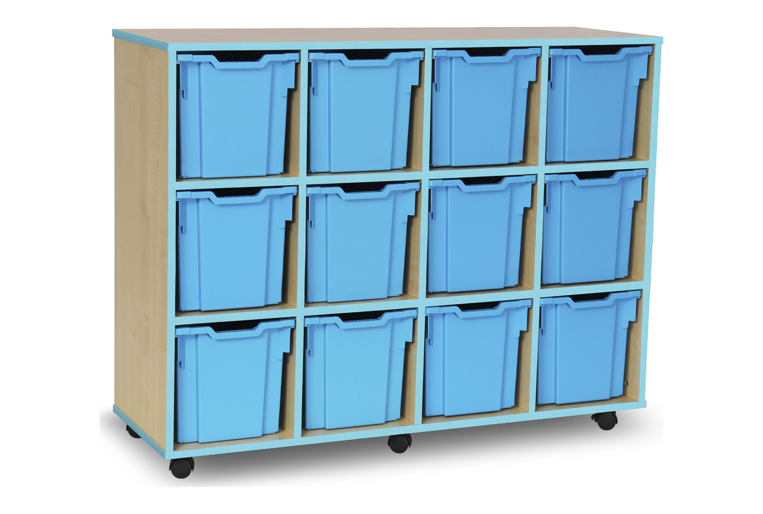 12 Jumbo Classroom Tray Storage Unit With Coloured Edge, Maple, Cyan Trays & Edge