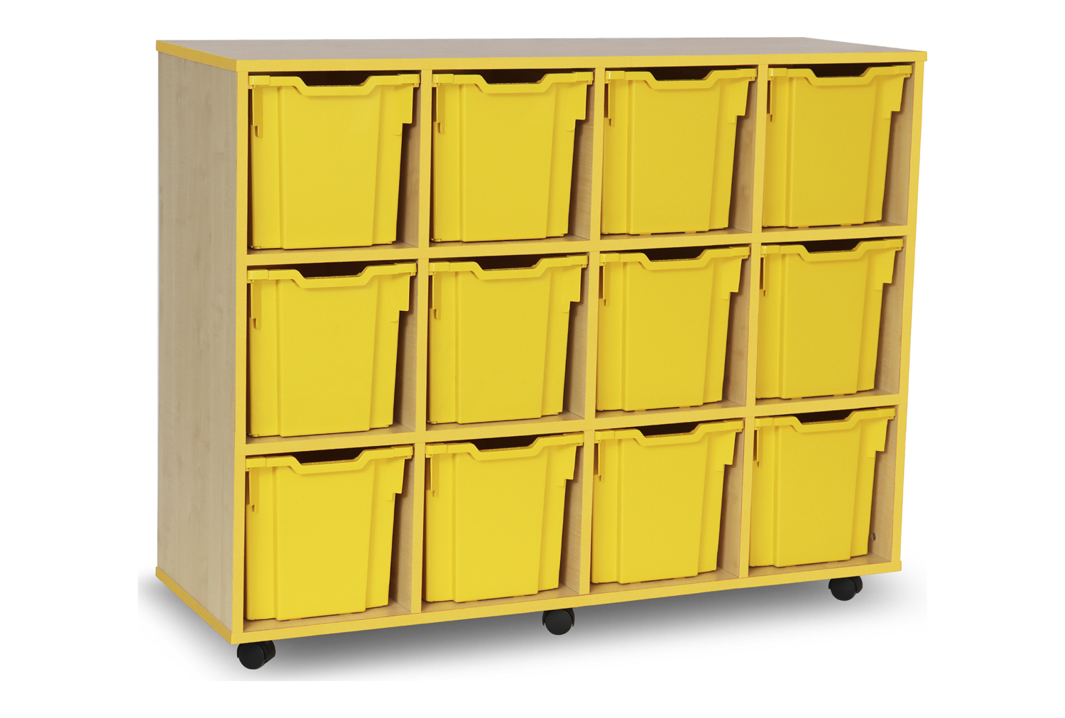 12 Jumbo Classroom Tray Storage Unit With Coloured Edge, Maple, Yellow Trays & Edge