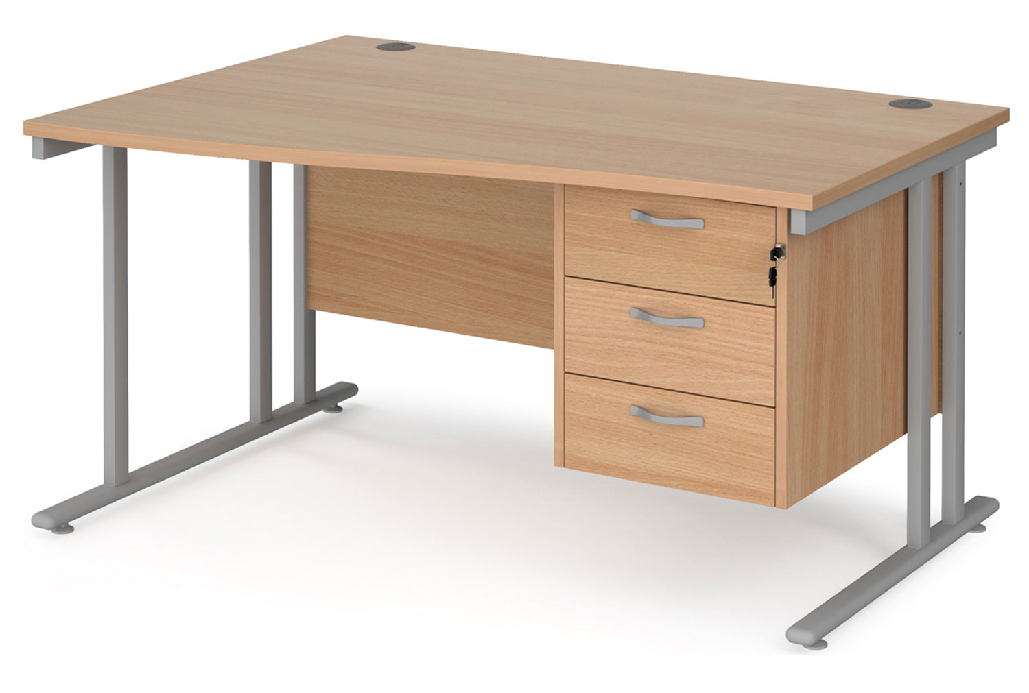 Value Line Deluxe C-Leg Left Hand Wave Office Desk 3 Drawers (Silver Legs), 140wx99/80dx73h (cm), Beech