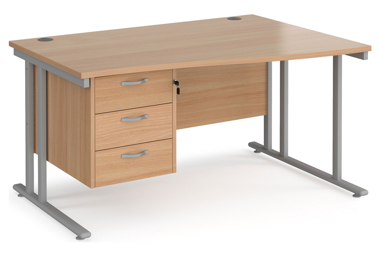 Value Line Deluxe C-Leg Right Hand Wave Office Desk 3 Drawers (Silver Legs), 140wx99/80dx73h (cm), Beech