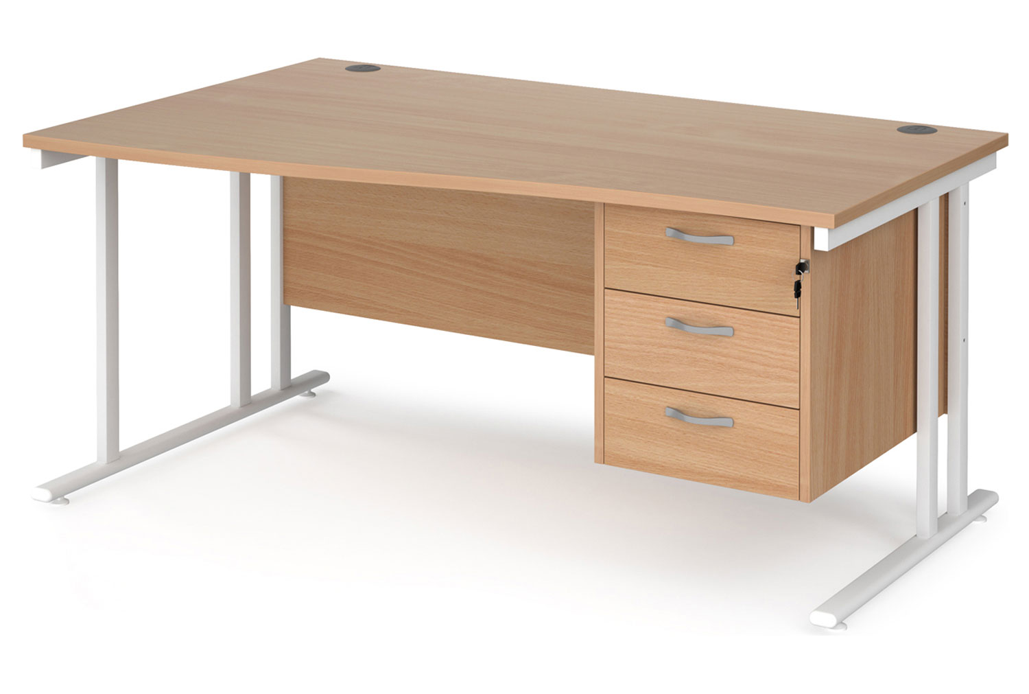 Value Line Deluxe C-Leg Left Hand Wave Office Desk 3 Drawers (White Legs), 160wx99/80dx73h (cm), Beech, Fully Installed