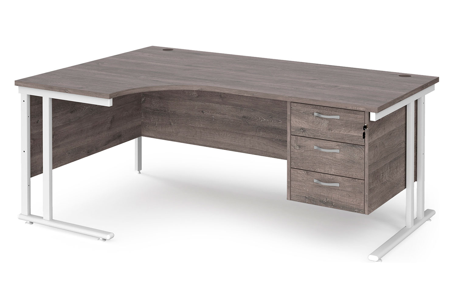 Value Line Deluxe C-Leg Left Hand Ergonomic Office Desk 3 Drawers (White Legs), 180wx120/80dx73h (cm), Grey Oak, Fully Installed