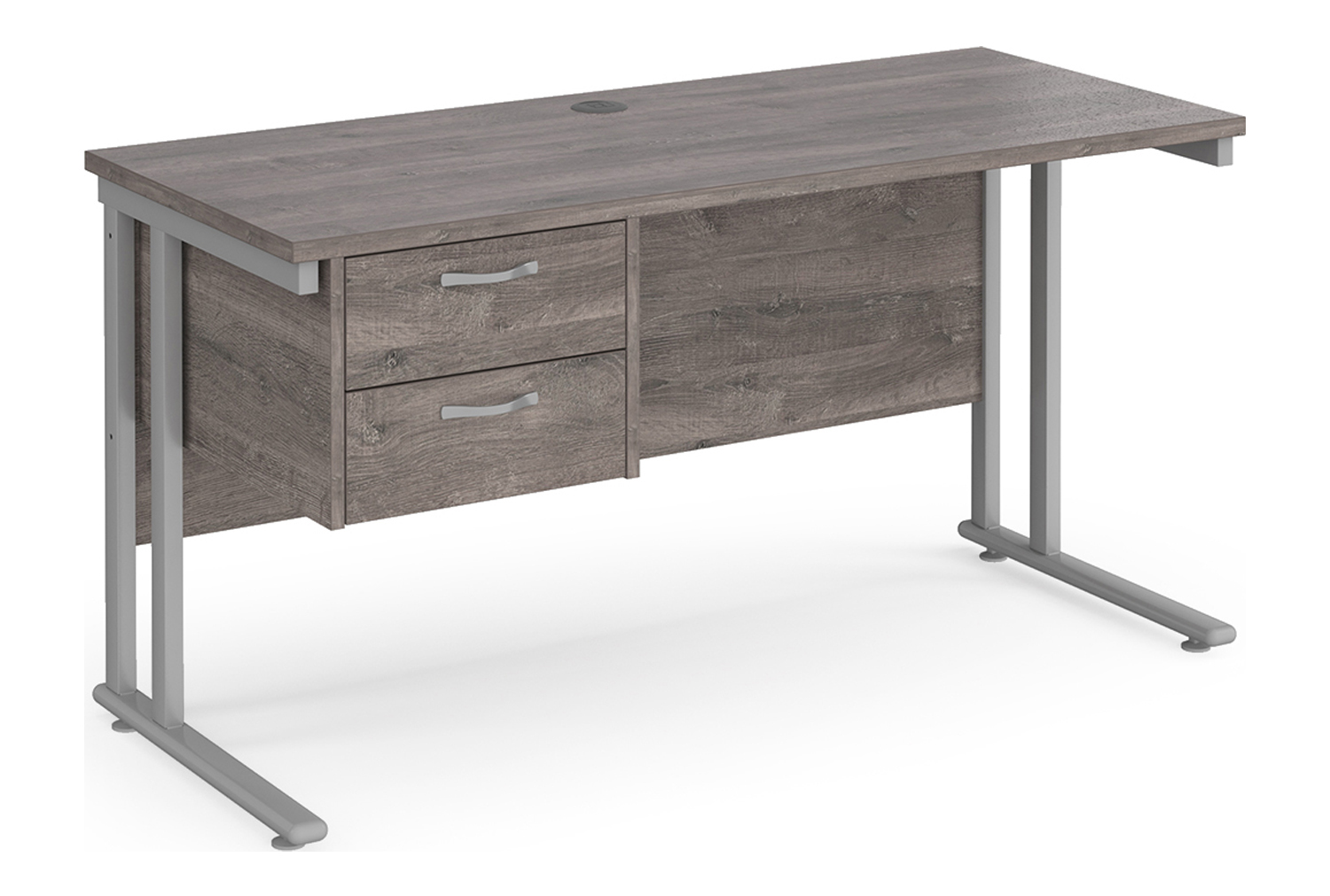 Value Line Deluxe C-Leg Narrow Rectangular Office Desk 2 Drawers (Silver Legs), 140wx60dx73h (cm), Grey Oak, Express Delivery