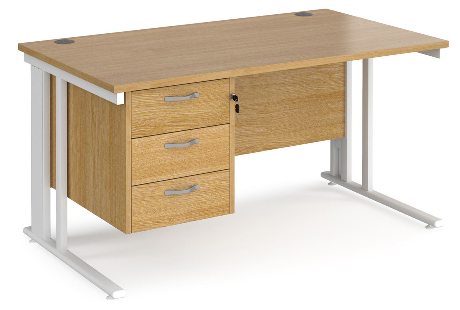 Value Line Deluxe Cable Managed Rectangular Office Desk 3 Drawers (White Legs), 140wx80dx73h (cm), Oak