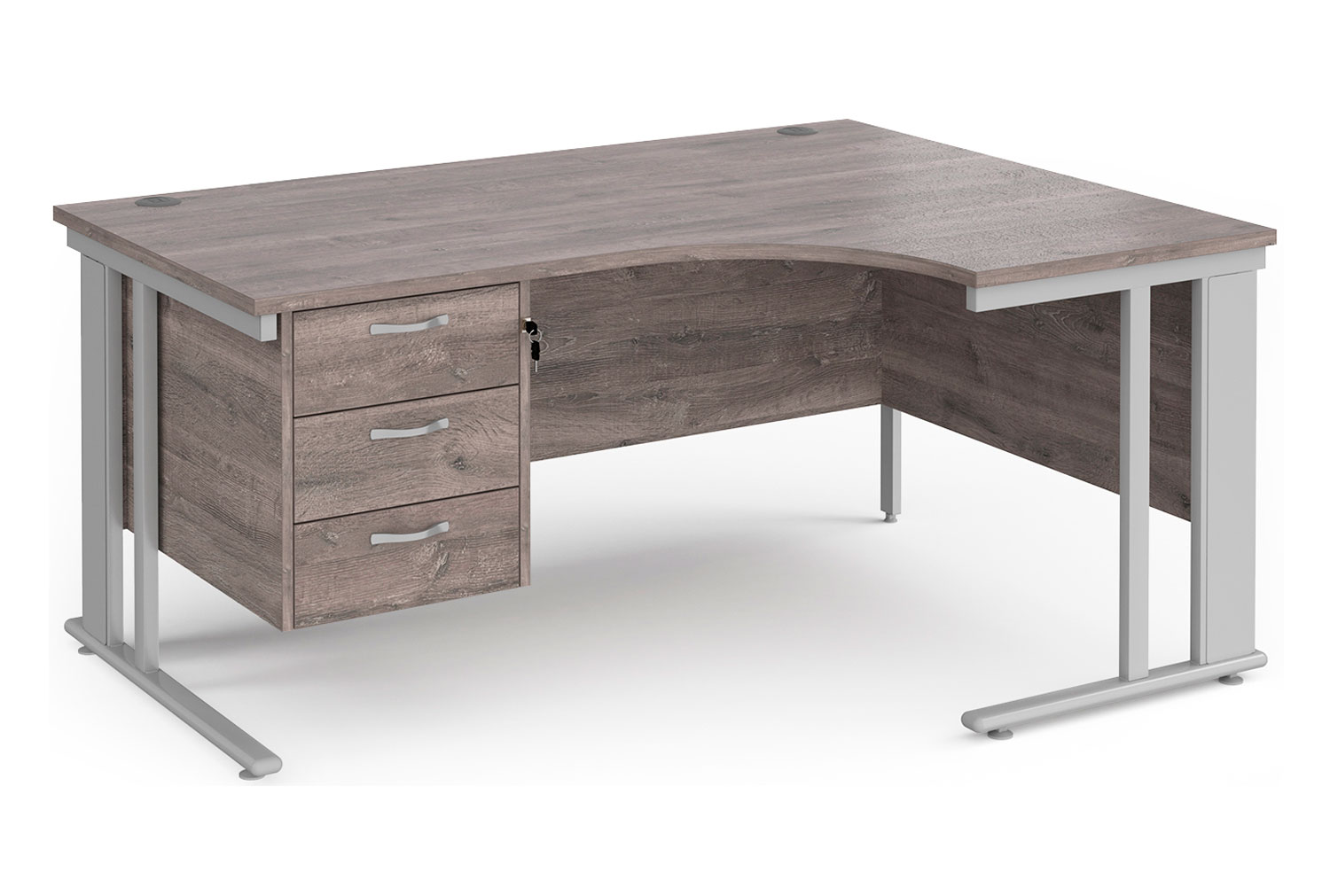 Value Line Deluxe Cable Managed Right Hand Ergo Office Desk 3 Drawers (Silver Legs), 160wx80dx73h (cm), Grey Oak