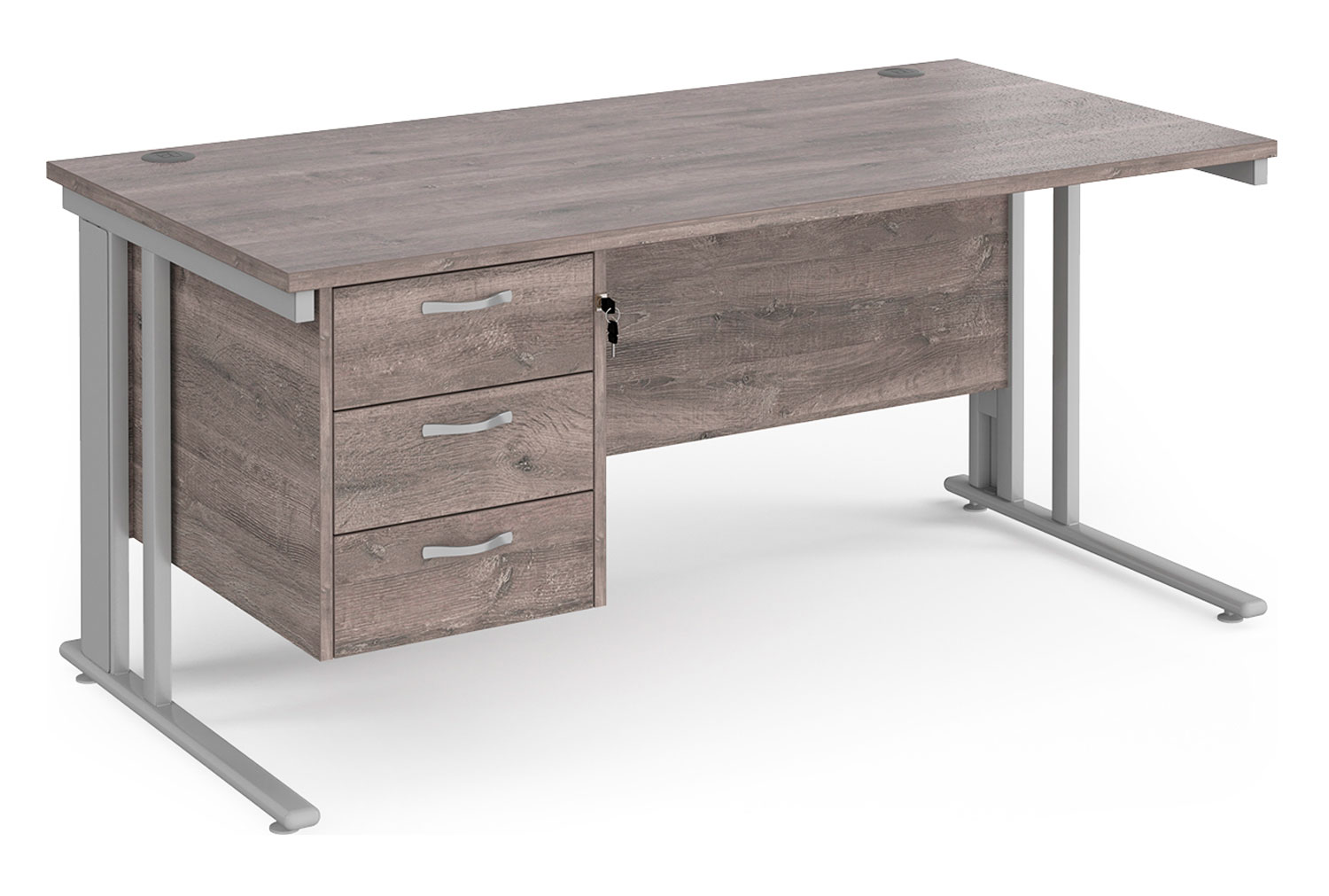 Value Line Deluxe Cable Managed Rectangular Office Desk 3 Drawers (Silver Legs), 160wx80dx73h (cm), Grey Oak, Express Delivery