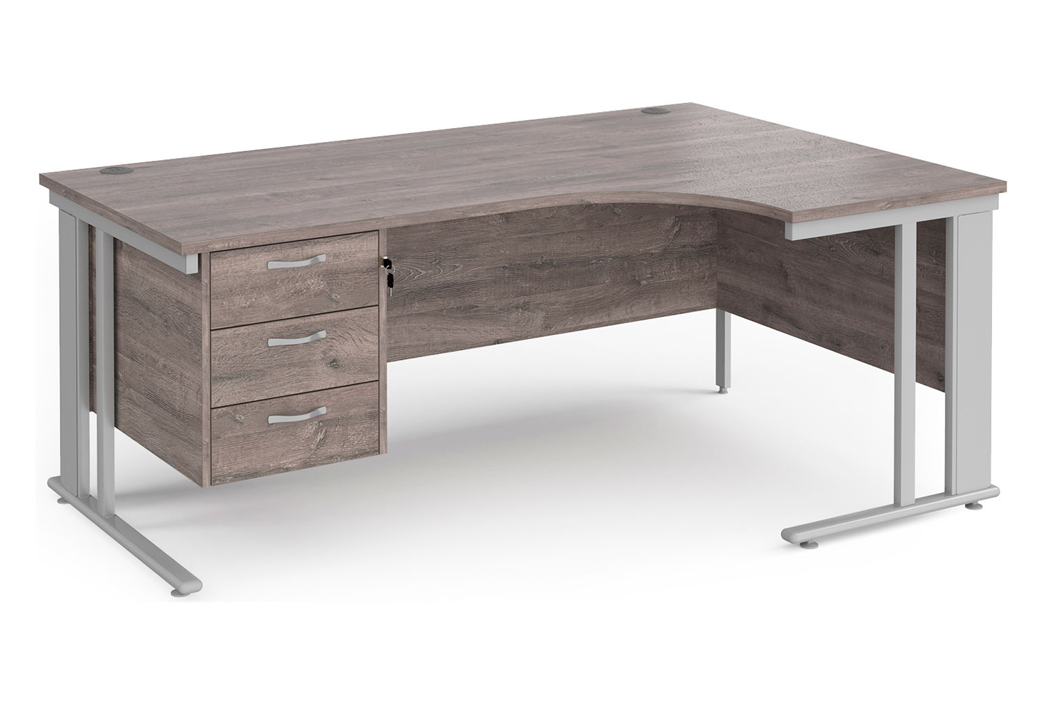 Value Line Deluxe Cable Managed Right Hand Ergo Office Desk 3 Drawers (Silver Legs), 180wx80dx73h (cm), Grey Oak