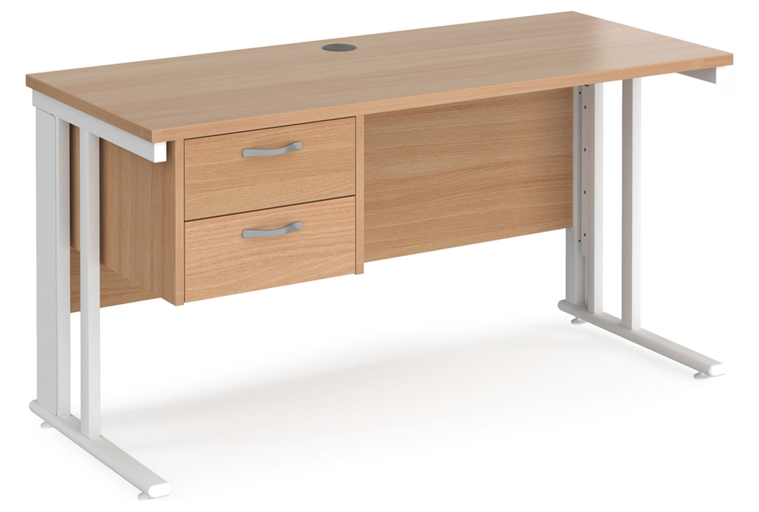 Value Line Deluxe Cable Managed Narrow Rectangular Office Desk 2 Drawers (White Legs), 140wx60dx73h (cm), Beech