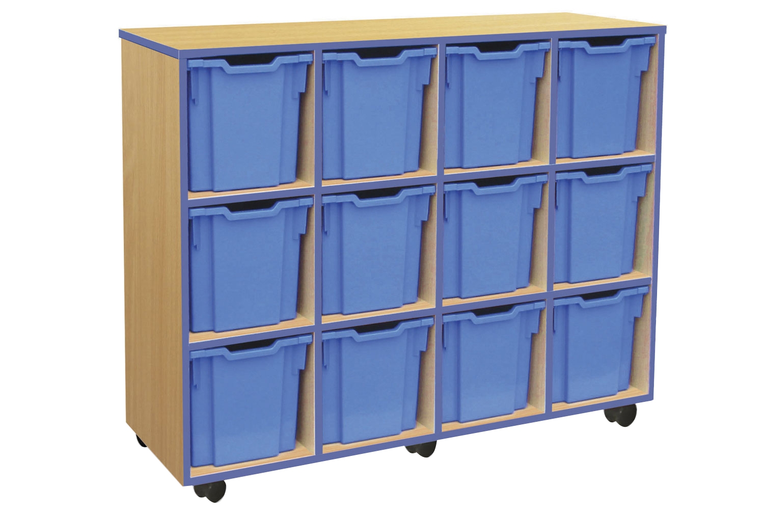 12 Jumbo Classroom Tray Storage Unit With Coloured Edge, Beech, Blue Trays & Edge