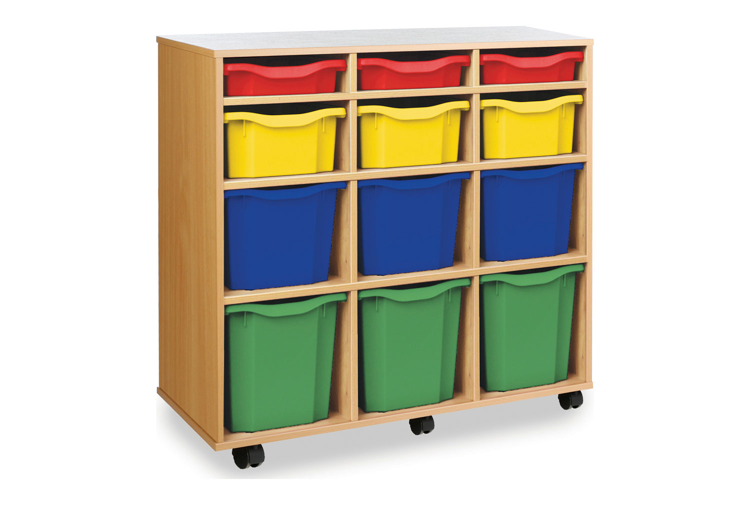 Variety Classroom Tray Storage Unit With 12 Classroom Trays, Red/Blue/Green/Yellow Classroom Trays