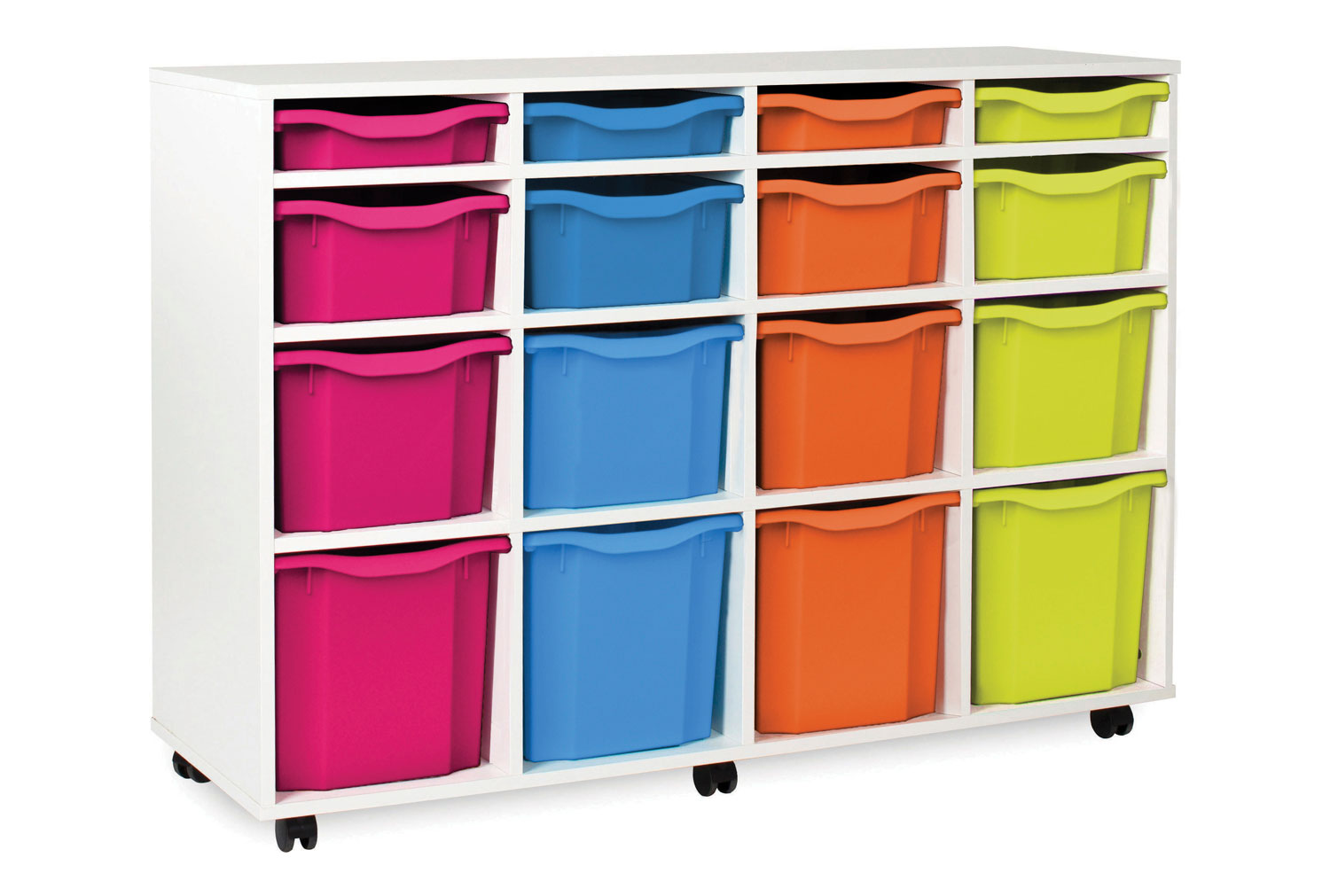 White 16 Variety Classroom Tray Storage Unit , Pink/Cyan/Tangerine/Lime Classroom Trays