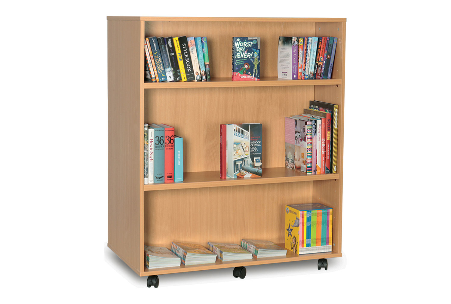 Double Sided Mobile Library Bookcase, 2 Shelf - 100wx57dx120h (cm)