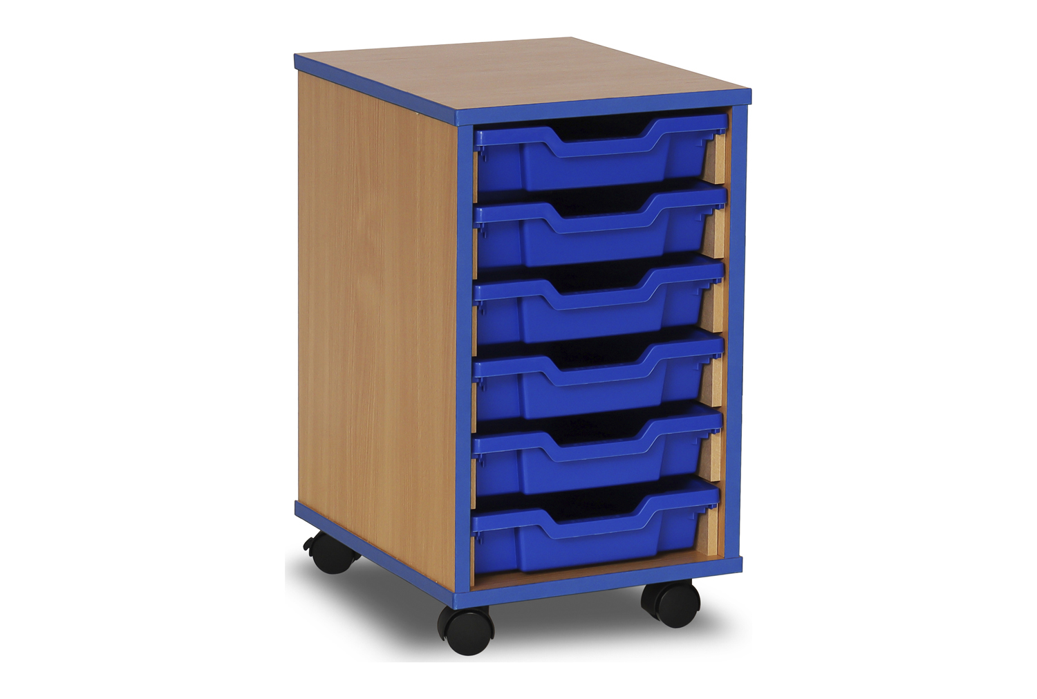 6 Shallow Classroom Tray Storage Unit With Coloured Edge, Beech/Blue Classroom Trays
