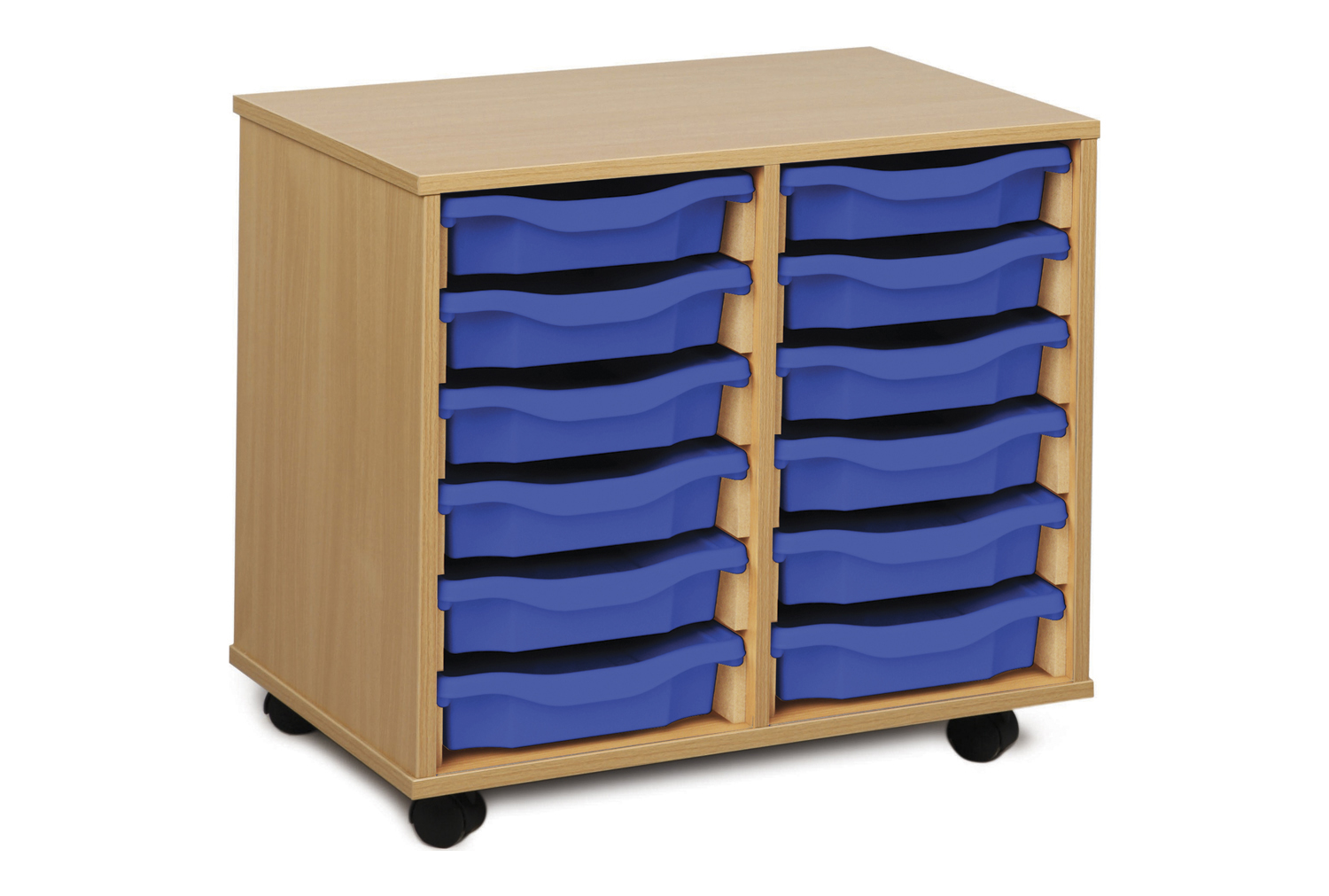 12 Shallow Classroom Tray Storage Unit, Red/Blue/Green/Yellow Classroom Trays