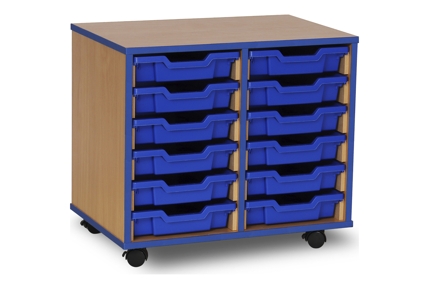 12 Shallow Classroom Tray Storage Unit With Coloured Edge, Beech, Blue Classroom Trays