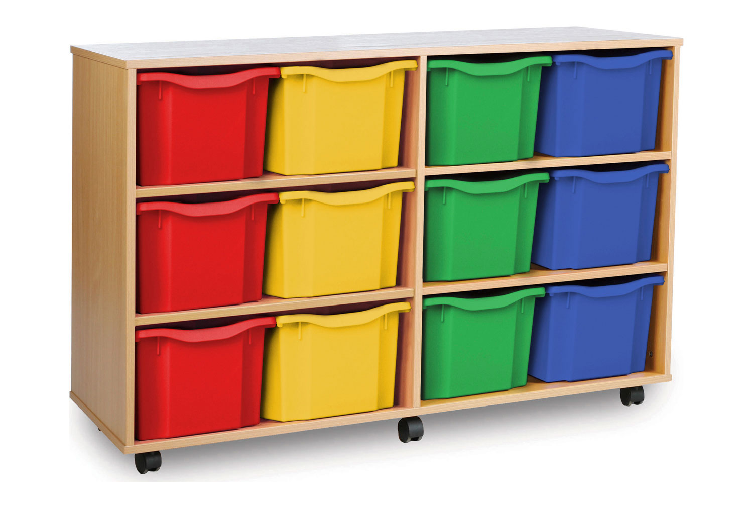 12 Extra Deep Classroom Tray Storage Unit, Red/Blue/Green/Yellow Classroom Trays