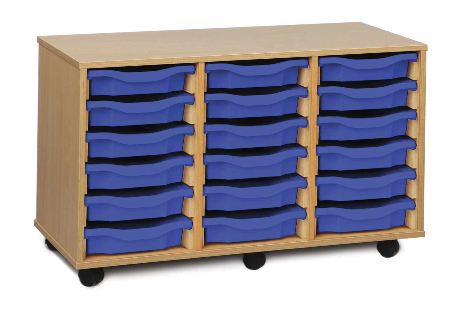 18 Shallow Classroom Tray Storage Unit, Red/Blue/Green/Yellow Classroom Trays