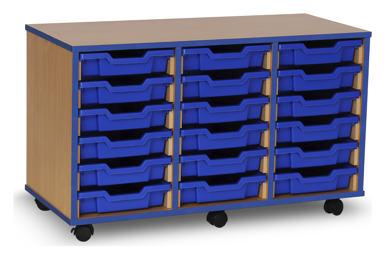 18 Shallow Classroom Tray Storage Unit With Coloured Edge, Beech, Blue Classroom Trays