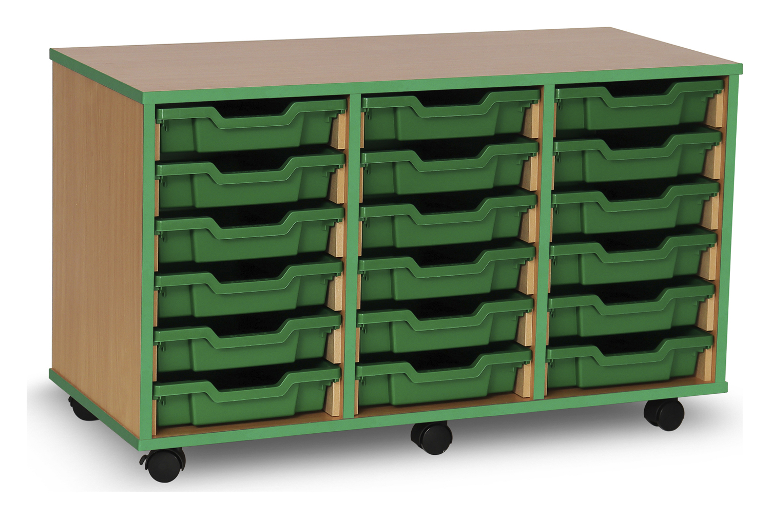 18 Shallow Classroom Tray Storage Unit With Coloured Edge, Beech With Green Classroom Trays