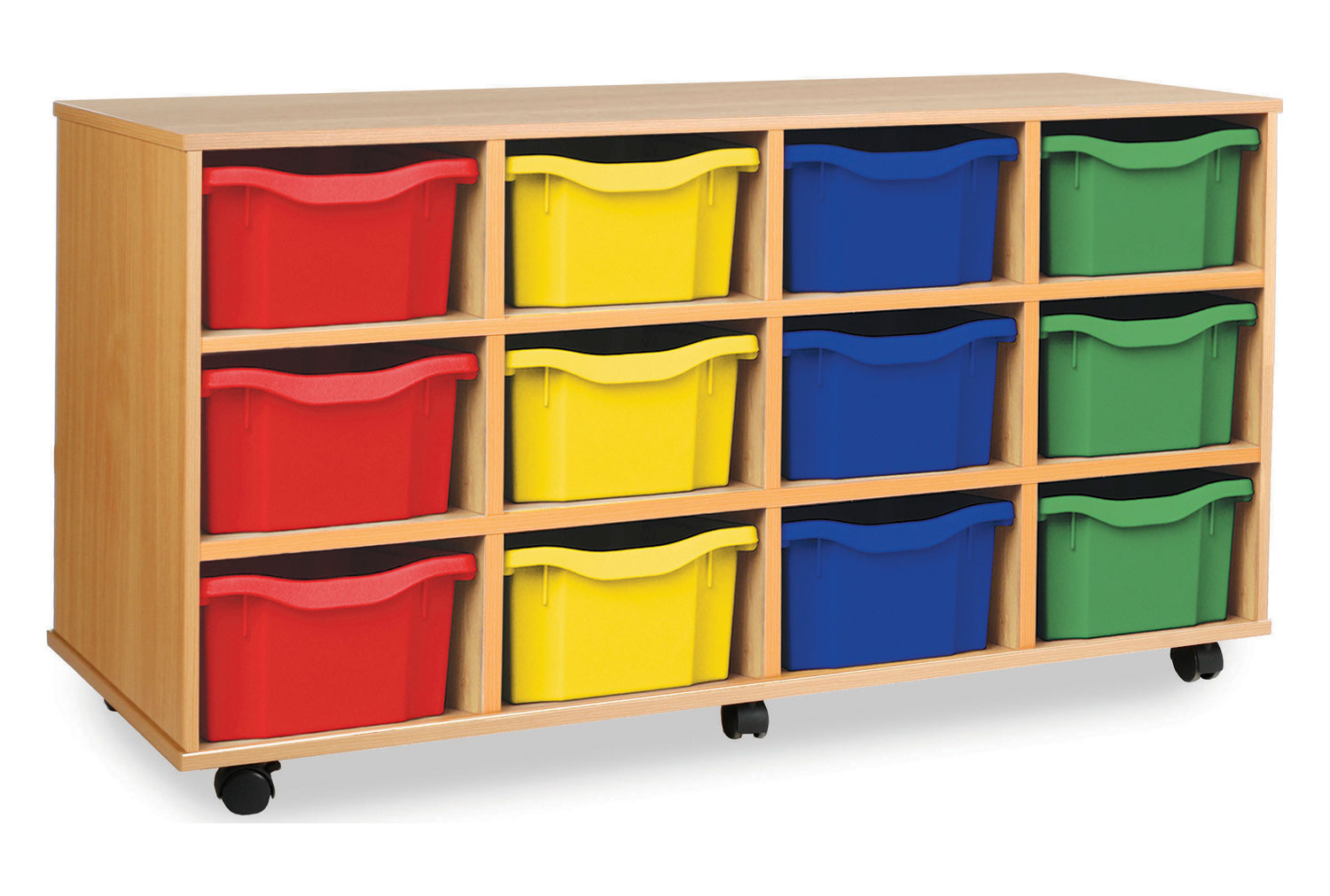 12 Deep Classroom Tray Storage Unit, Red/Blue/Green/Yellow Classroom Trays
