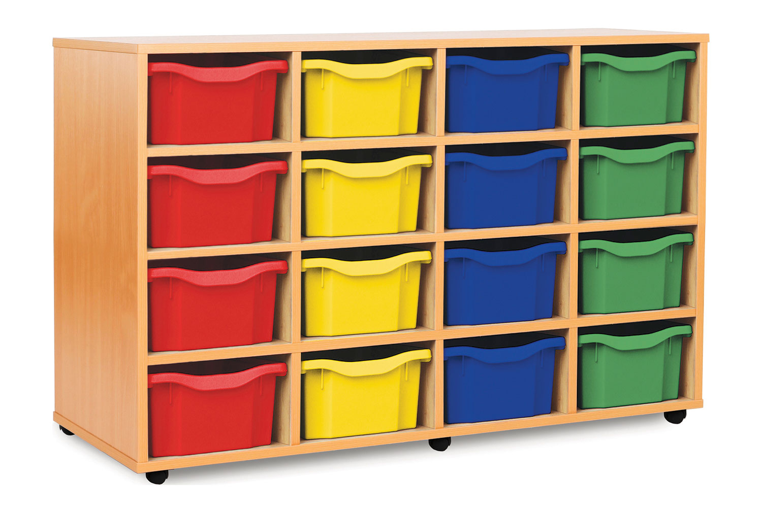 16 Deep Classroom Tray Storage Unit, Red/Blue/Green/Yellow Classroom Trays
