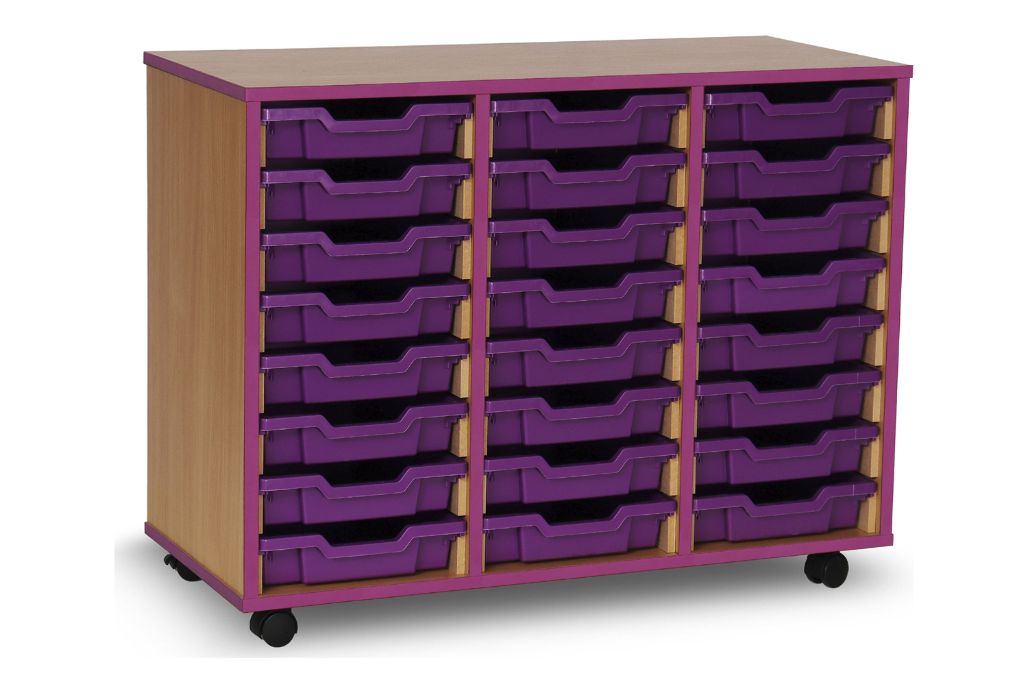 24 Shallow Classroom Tray Storage Unit With Coloured Edge, Beech With Purple Classroom Trays