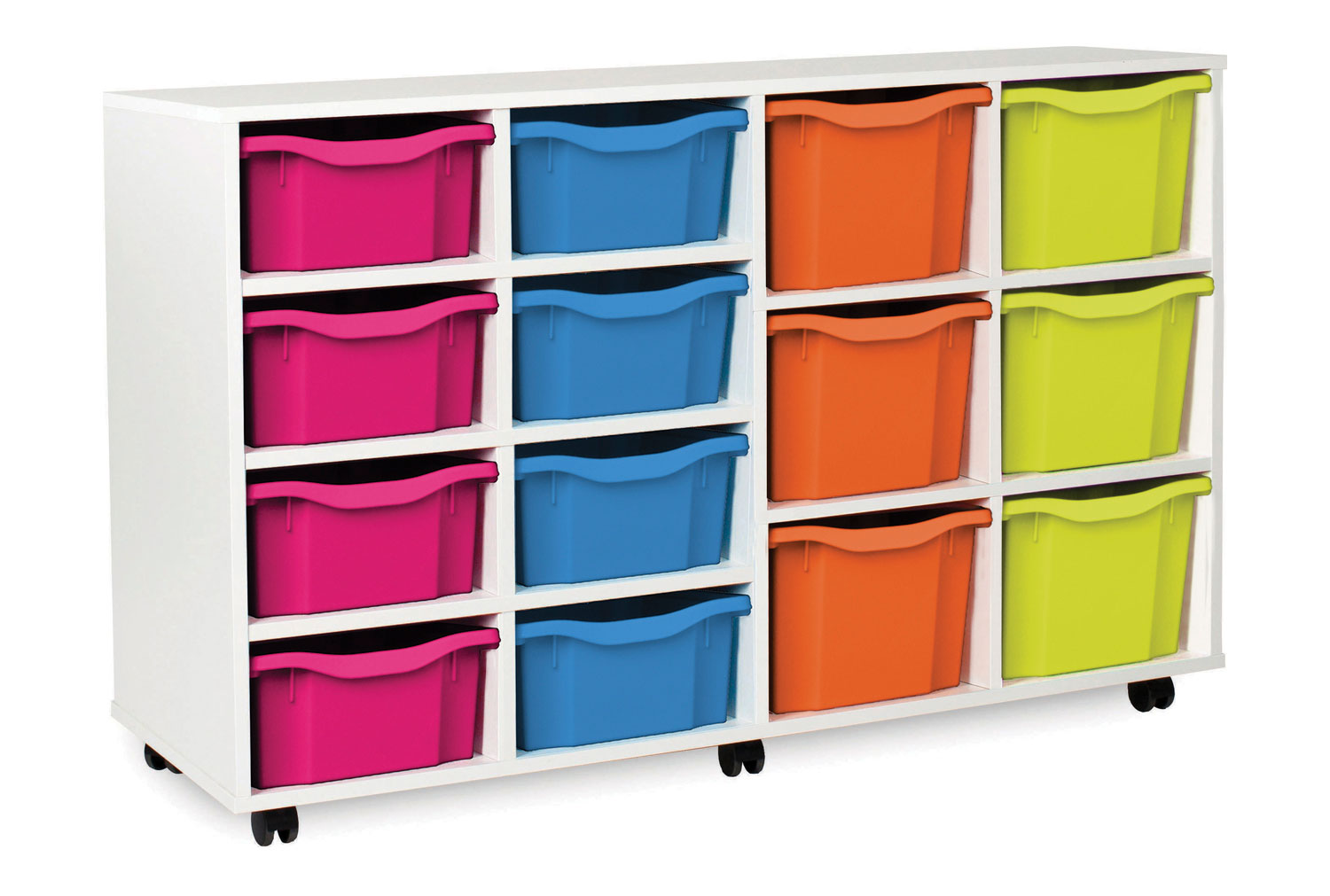 White 8 Deep, 6 Extra Deep School Classroom Tray Storage Unit, Pink/Cyan/Tangerine/Lime School Classroom Trays